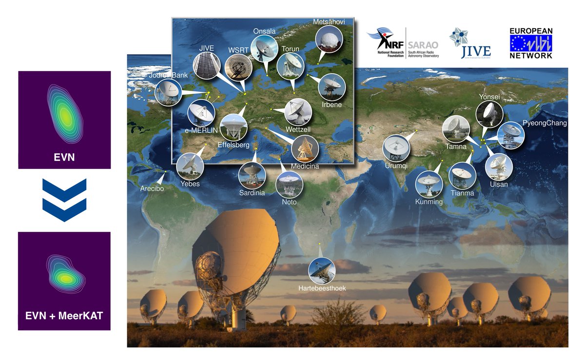 Science news: South Africa's MeerKAT telescope has taken part in an observation with the European VLBI network (EVN)! 🤩📡

Very long baseline interferometry is a technique that uses telescopes spread across the world. 🌍

Read more: loom.ly/niomotw

<a href="/SKA_Africa/">NRF/SARAO</a> <a href="/jivevlbi/">JIVE</a>