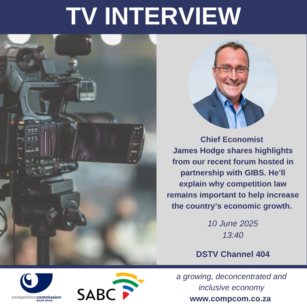 📺 Don't miss our Chief Economist James Hodge in conversation with <a href="/DesireeChauke/">Desiree Chauke</a> on <a href="/SABCNews/">SABC News</a> at 13:40. He'll expand on why the Commission continuously engages stakeholders &amp; is identifying ways to address process concerns, particularly around merger control. #OnPoint