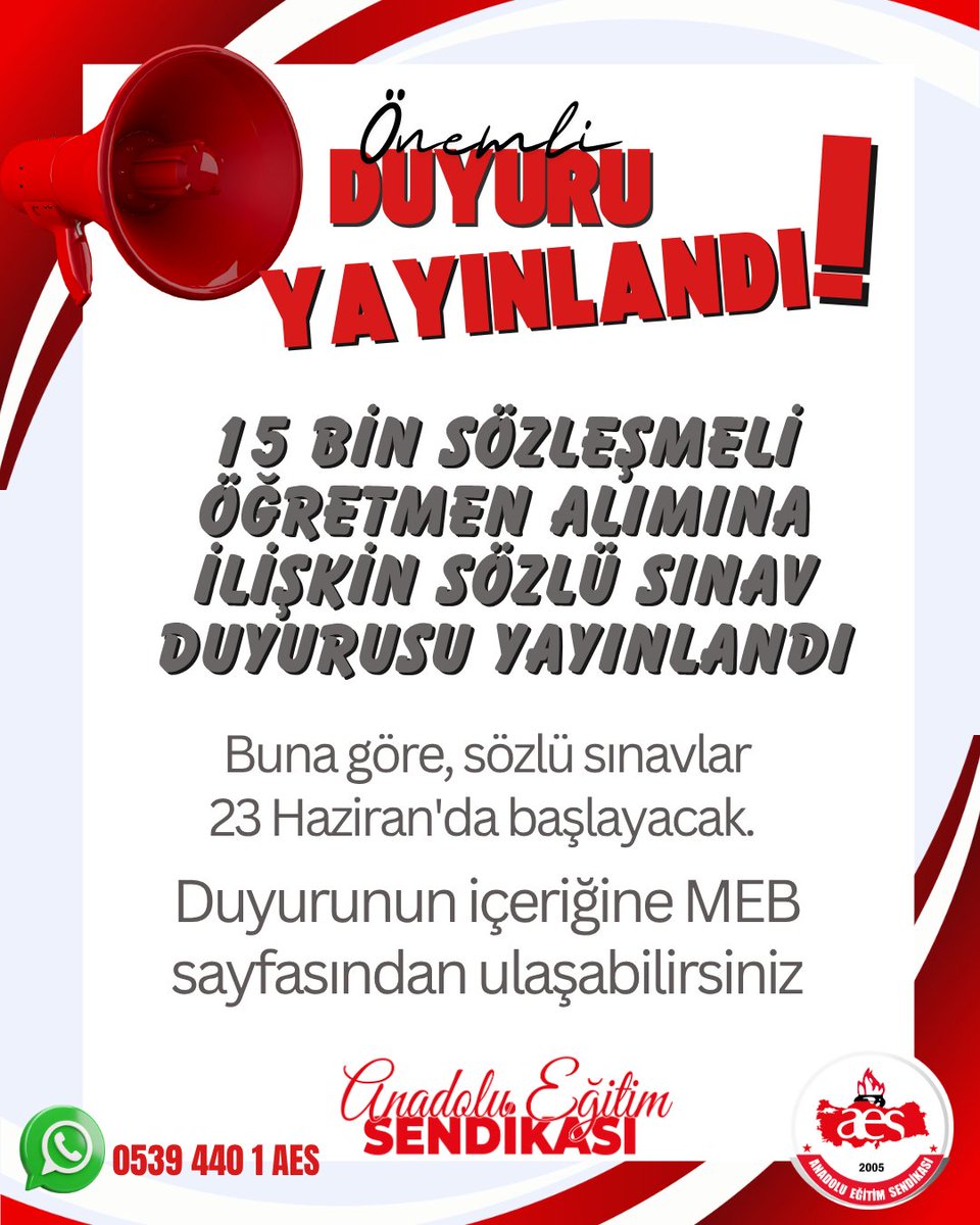 15 BİN SÖZLEŞMELİ ÖĞRETMEN ALIMINA İLİŞKİN SÖZLÜ SINAV DUYURUSU YAYINLANDI.

Buna göre, sözlü sınavlar 23 Haziran'da başlayacak.
Sözlü sınavlar Ankara, Bursa, Erzurum, İstanbul ve Konya illerinde gerçekleştirilecek.

Sözlü sınav yapılacak her bir alan için bir il belirlendi.