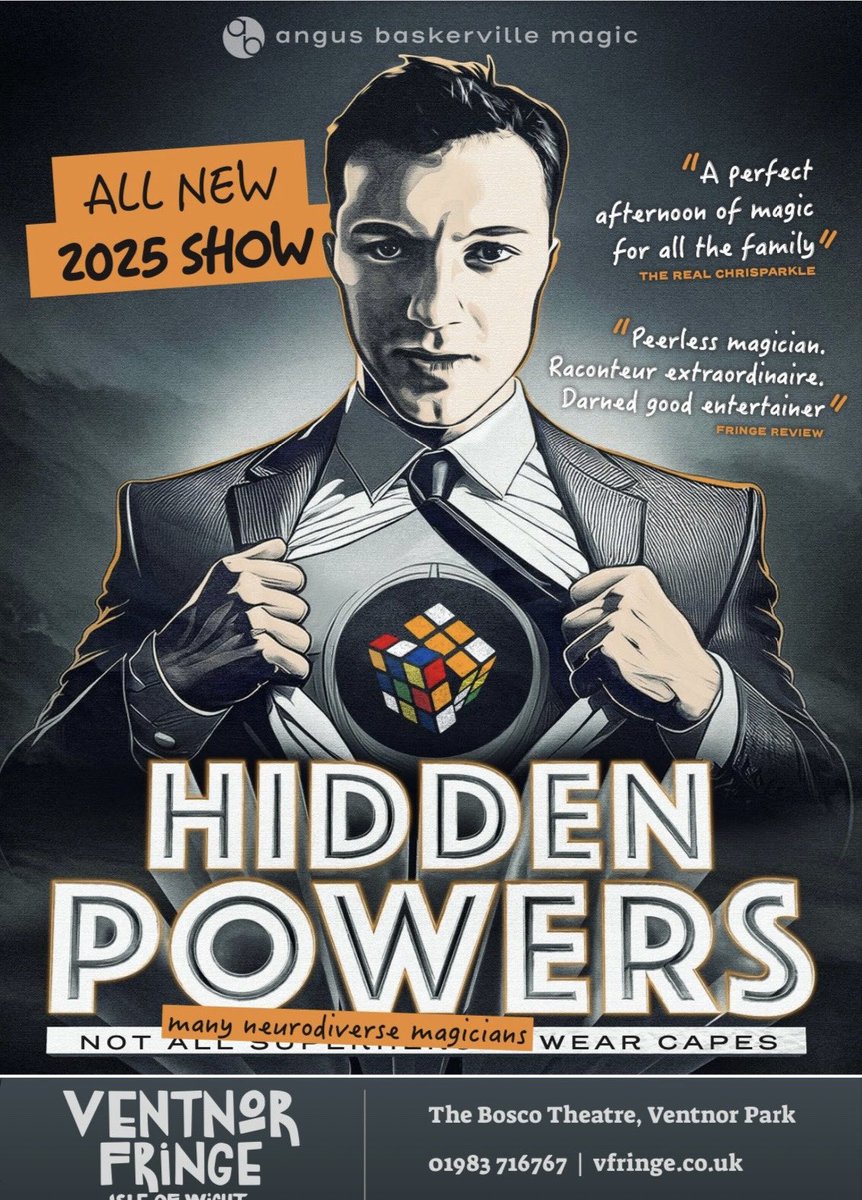AngusBaskervil1's tweet image. Excited to bring my new solo show Hidden Powers to @vfringe next month! 🎩
It’s more than magic—it's my journey with autism, and how discovering magic changed my life
🗓️ 19 & 20 July, 2PM
🎟️ Tickets: purchase.vfringe.co.uk/EventAvailabil…
#VentnorFringe #MagicShow #keepventnorweird #autism