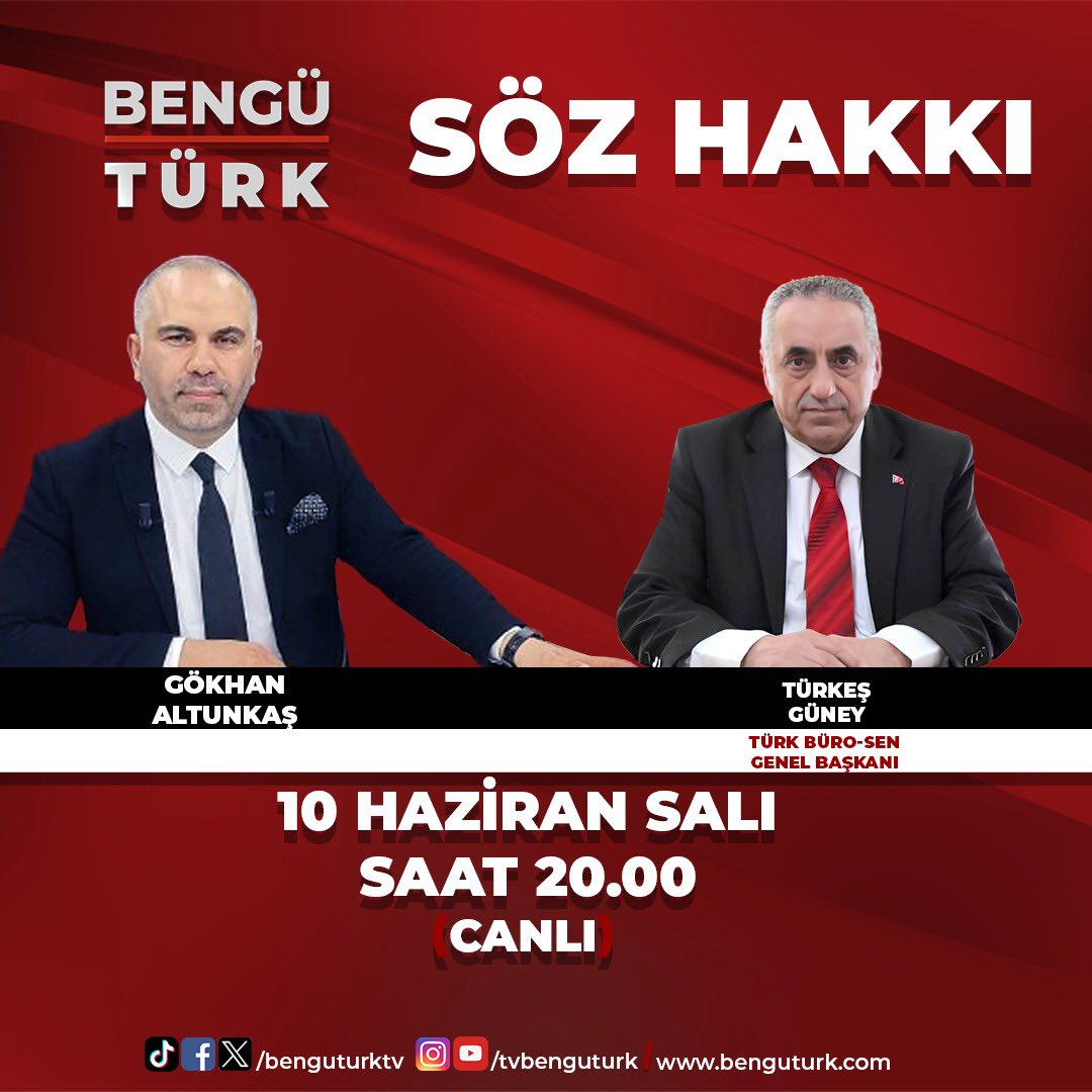Türkiye Kamu-Sen (@kamu_sen) on Twitter photo Genel Başkan Yardımcımız ve Türk Büro-Sen Genel Başkanı Türkeş Güney;
📅10 Haziran Salı
⏰20.00’de
📍Bengü Türk TV’de
Gökhan Altunkaş’ın sunduğu Söz Hakkı programının CANLI YAYIN konuğu olacaktır.
<a href="/TurkesGuney/">Türkeş Güney</a>
<a href="/GAltunkas/">Gökhan Altunkaş</a>
<a href="/benguturktv/">Bengü Türk</a> Genel Başkan Yardımcımız ve Türk Büro-Sen Genel Başkanı Türkeş Güney;
📅10 Haziran Salı
⏰20.00’de
📍Bengü Türk TV’de
Gökhan Altunkaş’ın sunduğu Söz Hakkı programının CANLI YAYIN konuğu olacaktır.
<a href="/TurkesGuney/">Türkeş Güney</a>
<a href="/GAltunkas/">Gökhan Altunkaş</a>
<a href="/benguturktv/">Bengü Türk</a>