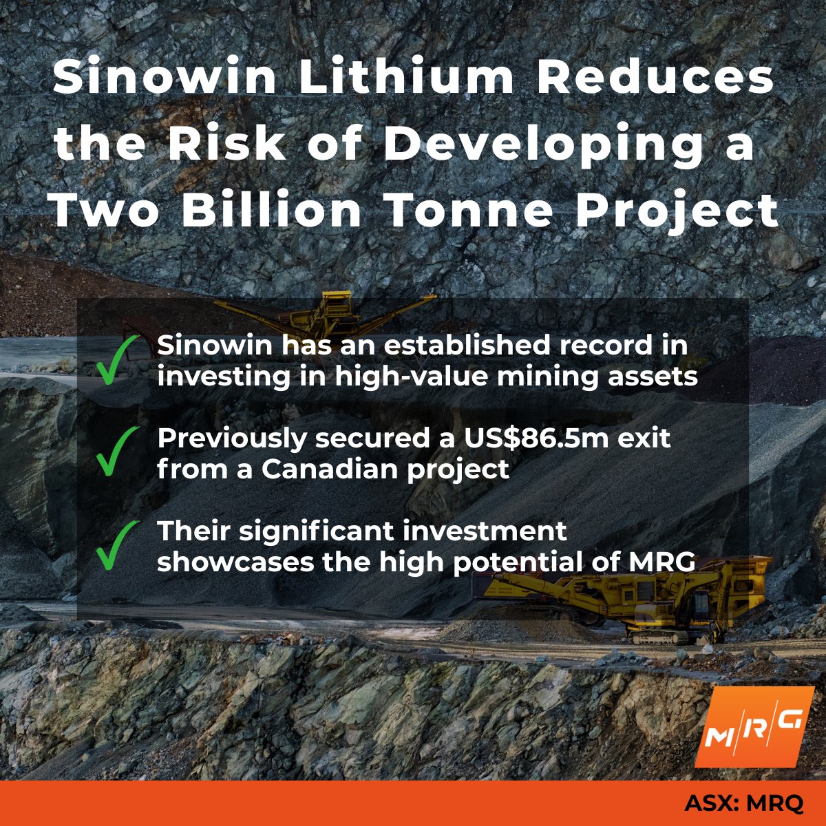 MRG Metals’ (#ASX: $MRQ) fully funded Joint Venture with Sinowin Lithium significantly reduces the risk of developing a 440,000 tonnes per annum project.

Sinowin has an established record in investing in high-value mining assets, having previously secured a US$86.5m exit from a