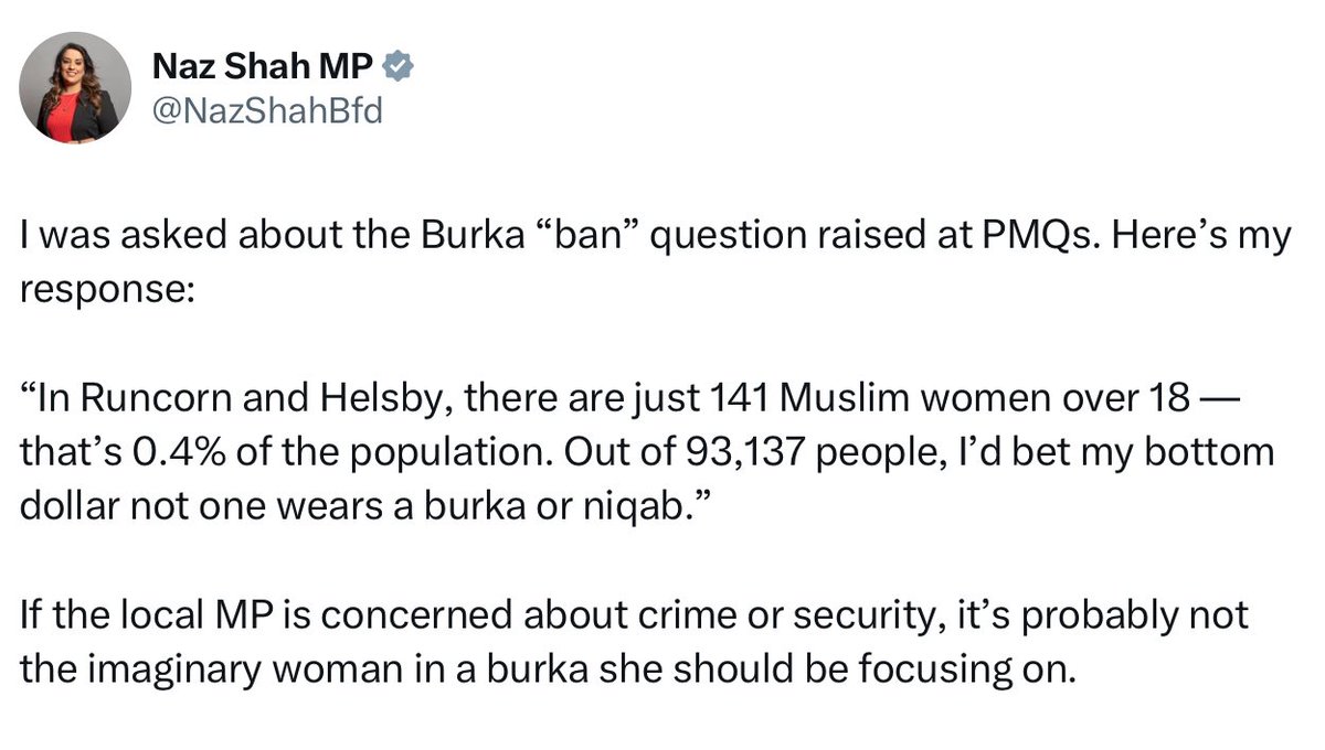 People of Runcorn.
Naz has supplied the challenge.
Can you find a muslim woman in your area wearing a burka or niqab? You can win a dollar from Naz if you do.
(FYI I don’t think the question was about Runcorn specifically and I believe Naz knows that.)