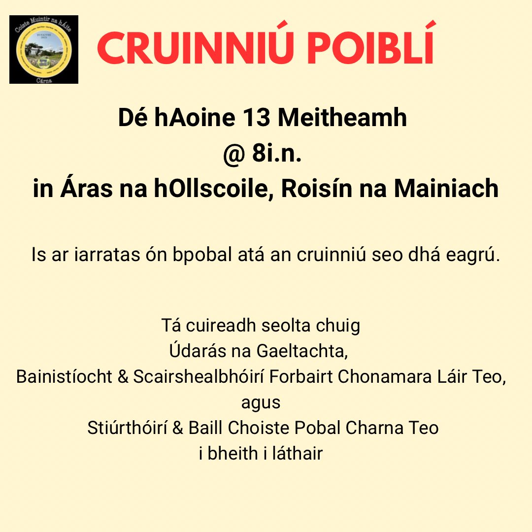 NiGhaoraM's tweet photo. Cruinniú poiblí iarrtha ag muintir phobal Charna ar @UdarasnaG Forbairt Chonamara Láir Teo agus Coiste Pobal Charna! 
#Carna https://t.co/HiI6lUjtNE