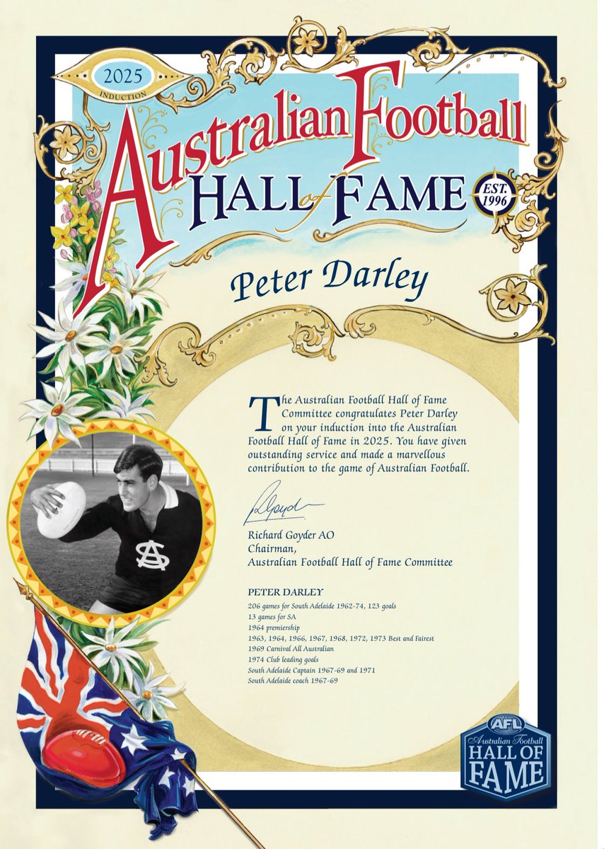 Patrick Keane (@afl_pkeane) on Twitter photo A great of South Australian football of the 1960s & 1970s inducted into the Australian Football Hall of Fame.
7-time Best and Fairest with <a href="/southadelaidefc/">South Adelaide Football Club</a> and 1964 premiership player.
Congratulations to Peter Darley. A great of South Australian football of the 1960s & 1970s inducted into the Australian Football Hall of Fame.
7-time Best and Fairest with <a href="/southadelaidefc/">South Adelaide Football Club</a> and 1964 premiership player.
Congratulations to Peter Darley.