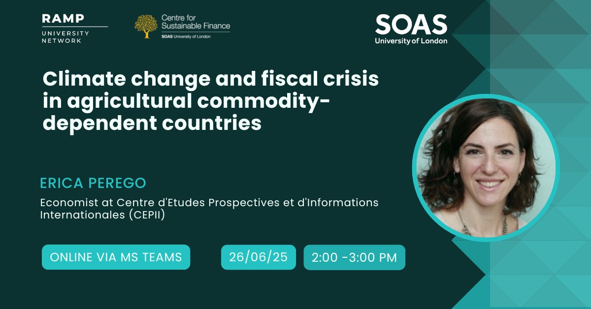 SOAS Economics (@soaseconomics) on Twitter photo 📌 Join us at <a href="/SOAS/">SOAS University of London</a> #Economics with RAMP University Network and <a href="/CSF_SOAS/">SOAS Centre for Sustainable Finance</a> for a discussion with Erica Perego (CEPII) on:
🌾Climate change and fiscal crisis in agricultural commodity-dependent countries🌎
Info 🔗 soas.ac.uk/about/event/cl… 📌 Join us at <a href="/SOAS/">SOAS University of London</a> #Economics with RAMP University Network and <a href="/CSF_SOAS/">SOAS Centre for Sustainable Finance</a> for a discussion with Erica Perego (CEPII) on:
🌾Climate change and fiscal crisis in agricultural commodity-dependent countries🌎
Info 🔗 soas.ac.uk/about/event/cl…