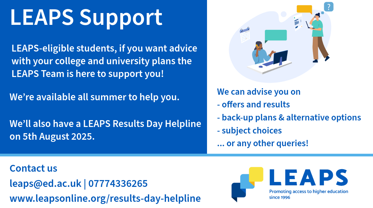 LEAPS-eligible students, the LEAPS Team is here all summer if you want advice with your college or university plans. Offers, results, alternative plans, subject choices or any other queries - please get in touch! 
leapsonline.org/results-day-he…