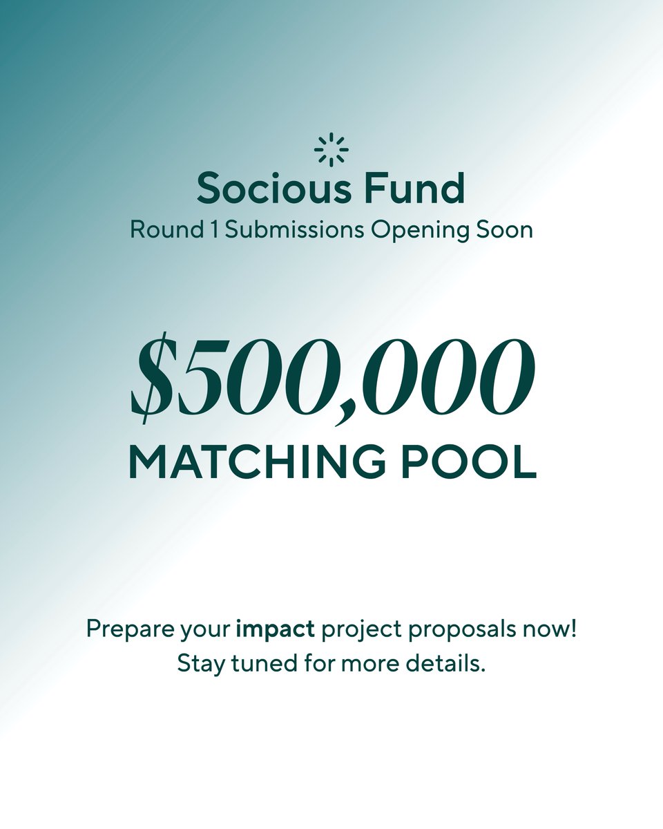 🚨 Socious Fund ラウンド1が近日公開！

社会課題に取り組むプロジェクトを募集予定。

50万ドルのマッチング資金 でサポート！

詳細はこちら：
socious.gitbook.io/fund
socious.org

#SociousFund #THANKForward #Web3で社会貢献