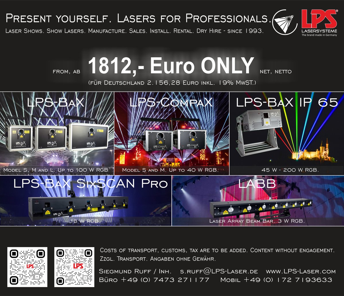 NEW #PriceList for #Integrators and #ProfessionalUsers!

BTW: No desire for high transport costs and customs clearance? But need a great #lasershow? Then #dryhire our equipment for your #festival or any other #event, across Europe.
We have more than 30 years experience. Call us.