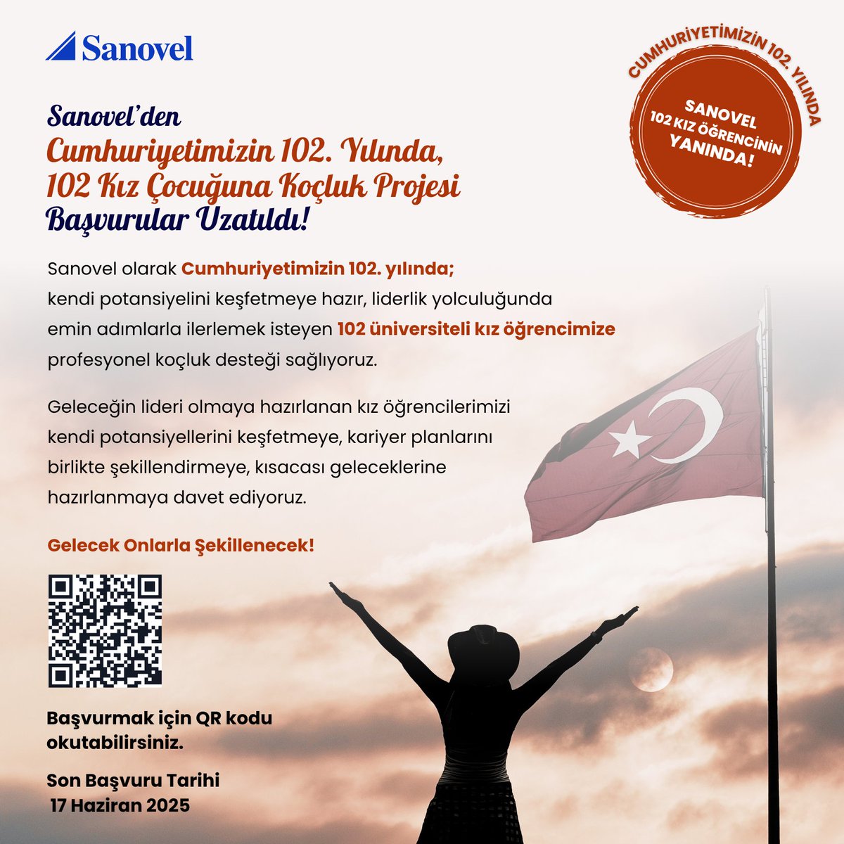 Cumhuriyetimizin 102. Yılında, 102 Kız Çocuğuna Koçluk Projemize başvurular için son 1 hafta! 🎈

Başvuru Linki: lnkd.in/g9r7Nf8F

#GelecekOnlarlaŞekillenecek #SanovelFarkı