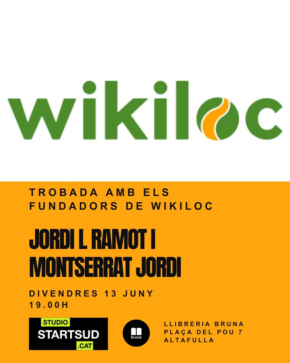 Aquest divendres 13 els fundadors de @Wikiloc seran a la llibreria La Bruna d'#Altafulla per compartir la seva experiència emprenedora. Hi serem! Veniu!