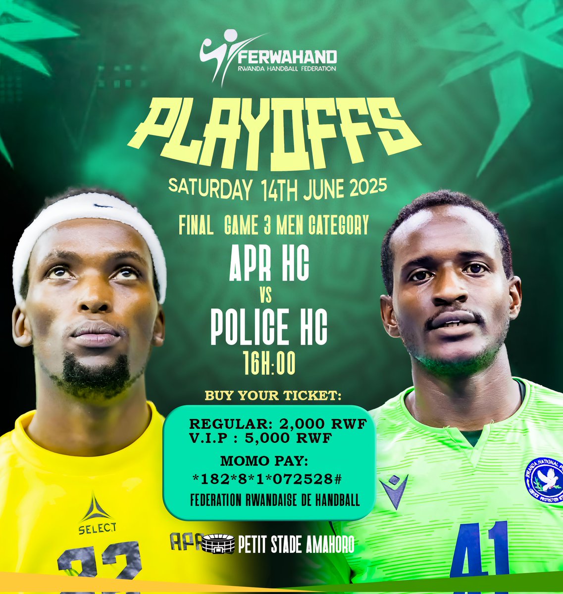 Here We Go again  🤾‍♂️

#RwandaHandballPlayoffs
#Game3

APR HC 🆚️ Police HC

Saturday, 14th June 2025

⌚️: 16h00, 4 PM

🏟: Petit Stade Amahoro