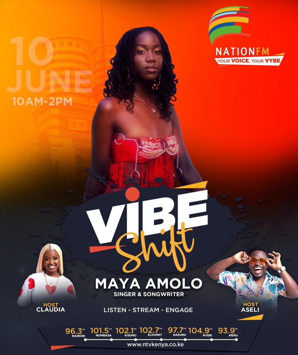 . <a href="/mayaamolo/">Maya Amolo 💋</a> is in the building, ready to level up your energy, it's gonna be epic🔥🔥!

Tune in for an exclusive interview with your most bankable host, <a href="/brian_aseli/">Brian Aseli</a> and the lovely <a href="/Claudianaisabwa/">Claudia Naisabwa 💋</a> 

#VibeShiftOnNationFM #NationFM