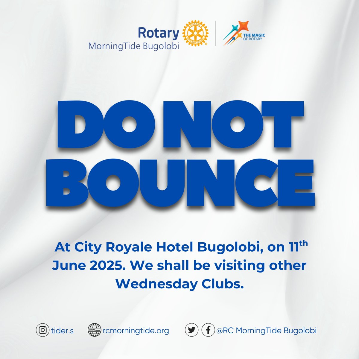 #Tiders (@rcmorningtide) on Twitter photo Don't Bounce on 11th/06/'25!! We shall be joining other Wednesday Clubs for fellowship. <a href="/rotaryd9213/">Rotary District 9213</a> <a href="/rotaryd9214/">RotaryDistrict9214</a> <a href="/easy_ivan/">Ivan Mutibwa</a> <a href="/amavaworld/">iamanya</a> <a href="/RCPortBell/">Rotary Club of Port Bell</a> <a href="/rckira1/">Rotary Club of Kira</a> <a href="/RotaryKiwatule/">Rotary Club of Kiwatule</a> <a href="/RotaryClubofSu2/">Rotary Club of Sunrise Kampala</a> <a href="/NakaseroCentral/">RCNakaseroCentral</a> @oldrcm88 <a href="/RCTLuzira/">Rotaract Club of Luzira - The Wardens</a> Don't Bounce on 11th/06/'25!! We shall be joining other Wednesday Clubs for fellowship. <a href="/rotaryd9213/">Rotary District 9213</a> <a href="/rotaryd9214/">RotaryDistrict9214</a> <a href="/easy_ivan/">Ivan Mutibwa</a> <a href="/amavaworld/">iamanya</a> <a href="/RCPortBell/">Rotary Club of Port Bell</a> <a href="/rckira1/">Rotary Club of Kira</a> <a href="/RotaryKiwatule/">Rotary Club of Kiwatule</a> <a href="/RotaryClubofSu2/">Rotary Club of Sunrise Kampala</a> <a href="/NakaseroCentral/">RCNakaseroCentral</a> @oldrcm88 <a href="/RCTLuzira/">Rotaract Club of Luzira - The Wardens</a>