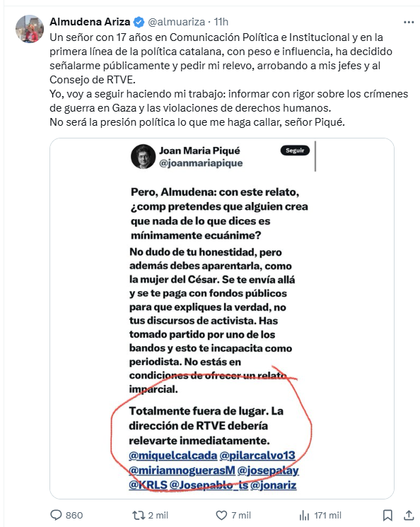 Acción y Comunicación sobre Oriente Medio - ACOM (@acom_es) on Twitter photo La activista <a href="/almuariza/">Almudena Ariza</a> sigue en sus trece. No comprende que lo que le dice <a href="/joanmariapique/">Joan Maria Piqué</a> es completamente lógico. Admite que ella sólo da la versión de los terroristas.
Se supone que le pagamos para que sea la corresponsal de <a href="/rtve/">RTVE</a> en Oriente Próximo, es decir para que informe La activista <a href="/almuariza/">Almudena Ariza</a> sigue en sus trece. No comprende que lo que le dice <a href="/joanmariapique/">Joan Maria Piqué</a> es completamente lógico. Admite que ella sólo da la versión de los terroristas.
Se supone que le pagamos para que sea la corresponsal de <a href="/rtve/">RTVE</a> en Oriente Próximo, es decir para que informe