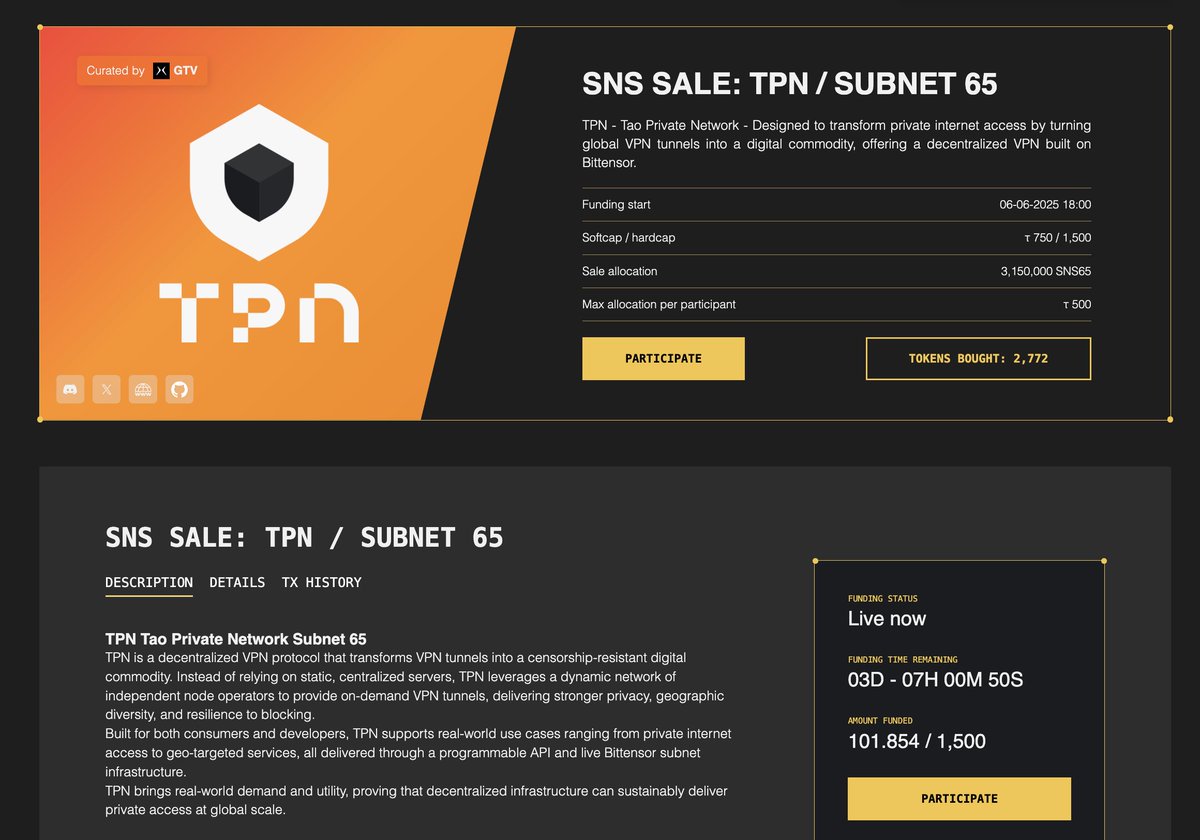2. 2/ Early activities:

• Go to → app.taofu.xyz
• First deal is already live: <a href="/SN65_TPN/">TPN | Subnet 65</a>
• Users can allocate $TAO
• Deadline: June 13