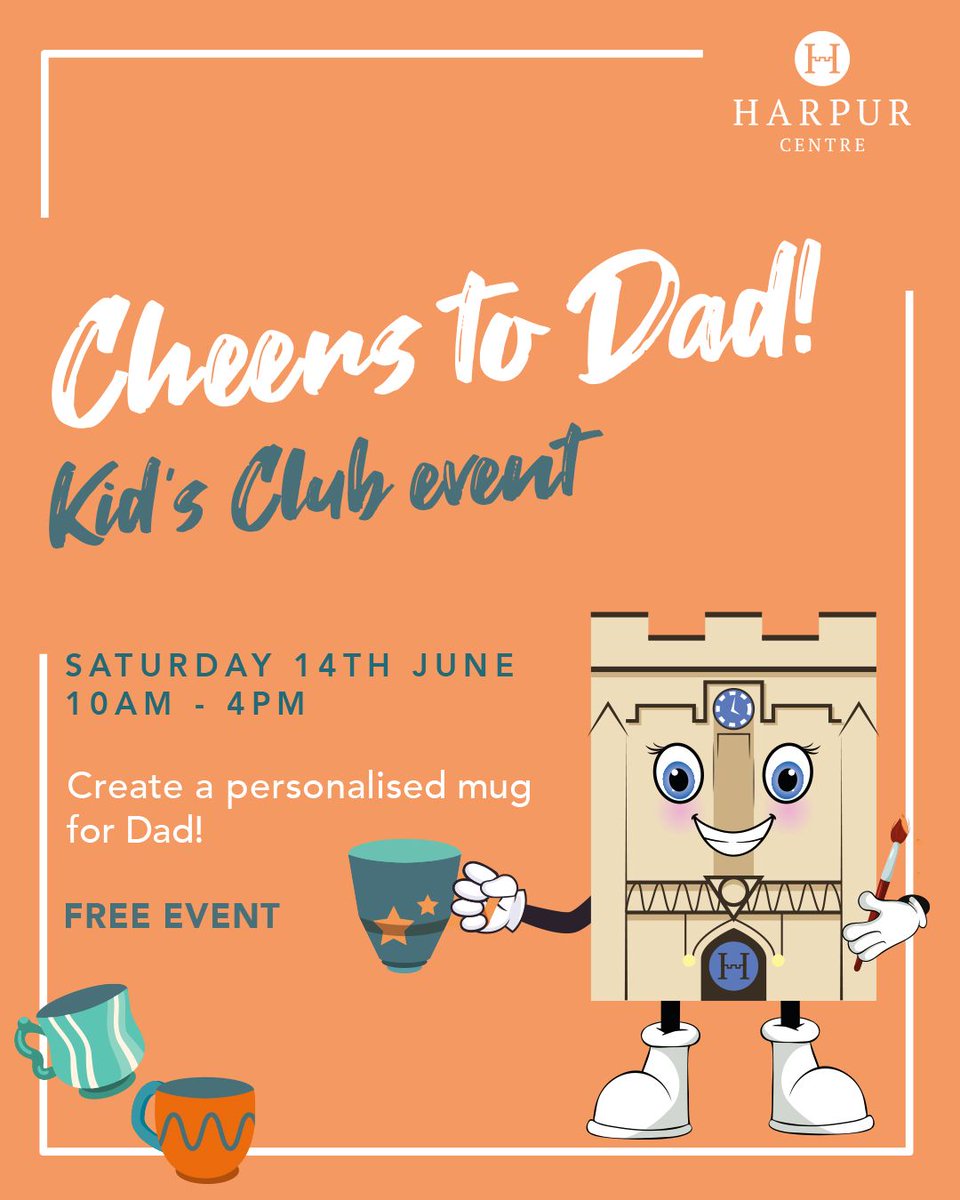 🎉 Cheers to Dad – just in time for Father’s Day!

Join us this Saturday 14th June, 10am–4pm at the Harpur Centre for a FREE Kid’s Club where little ones can create their own personalised mug. 💙

🎨 No booking needed.

👉 Full event info harpurcentre.co.uk/events