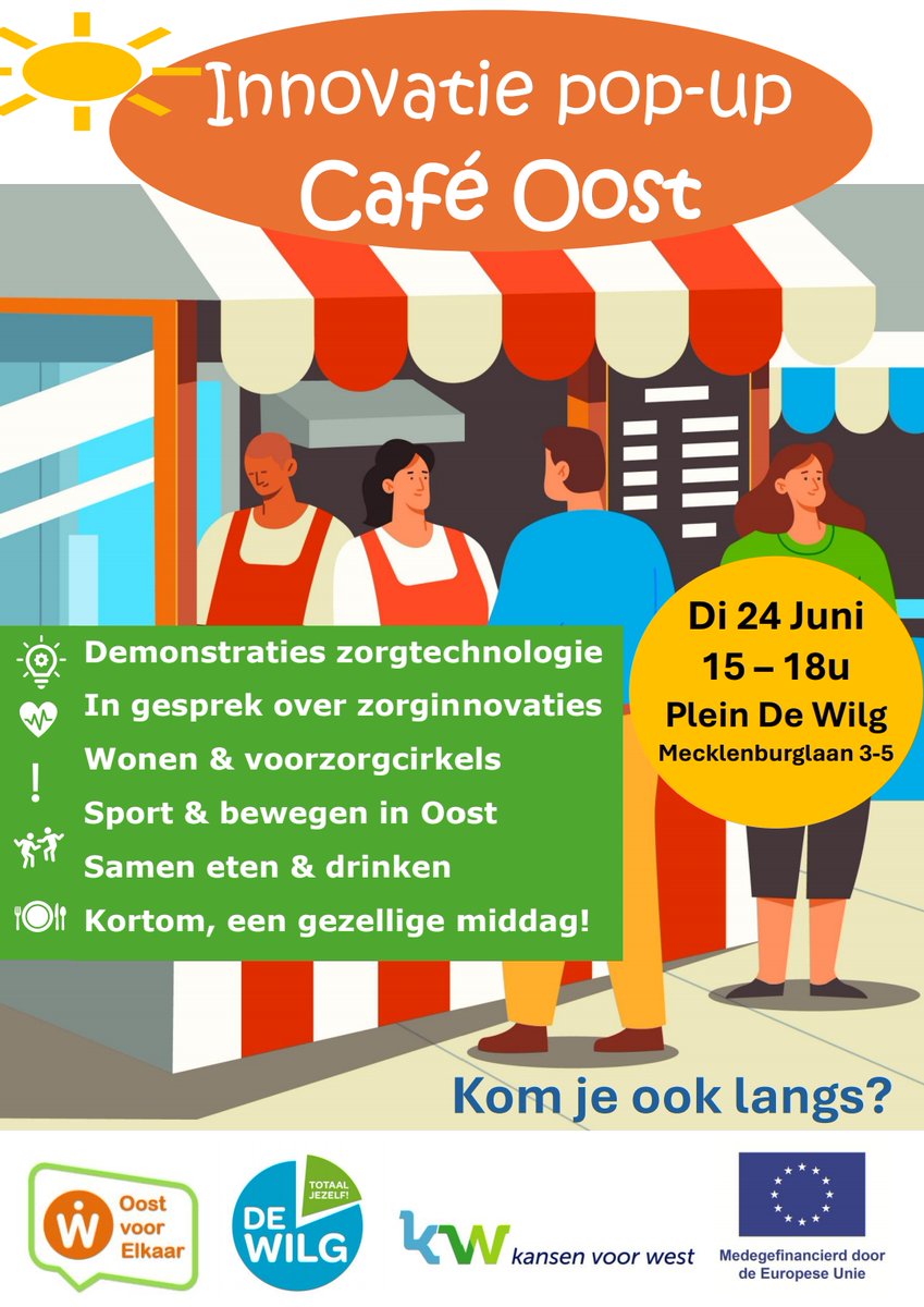 Benieuwd hoe technologie kan helpen om langer, gezonder en zelfstandiger thuis te wonen? Kom naar het Innovatie pop-up Café Oost!

📅 Datum: Dinsdag 24 juni
🕑 Tijd: 15.00 – 18.00 uur
📍 Locatie: De Wilg, Mecklenburglaan 3-5
🎟 Toegang: Gratis

Meer info: oostvoorelkaar.nl/activiteit/887…
