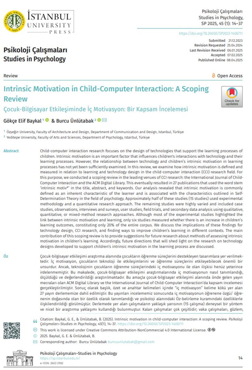 New #openAccess article “Intrinsic Motivation in Child-Computer Interaction: A Scoping Review”by Gökce Elif Baykal and Burcu Unlutabak dergipark.org.tr/tr/pub/iupcd/i… #OpenAccess #psychology
