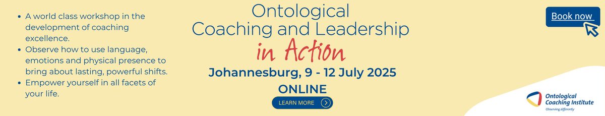 Join us for with this world class, transformational workshop taking place in Johannesburg - 9 - 12 July 2025, ONLINE

Go to:   ontologicalcoaching.co.za/ontological-co…

#ontology #ontologicalcoaching #leadership #icfcredential