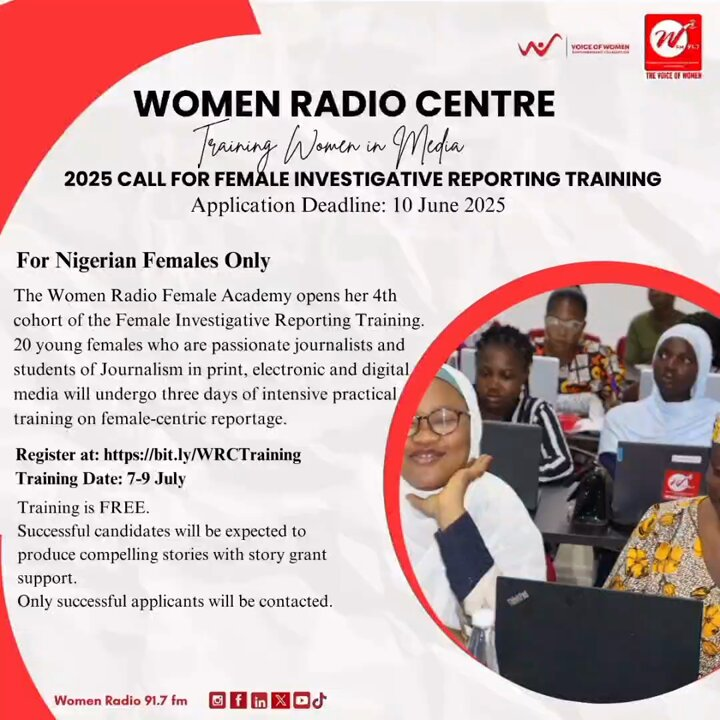 📣 Calling all female Nigerian journalists who are passionate about, &amp; willing, to uncover under-reported female-centric issues.

It's the final day to apply for <a href="/wfm917/">WFM91.7</a>'s fully-funded training on investigative reporting

Apply by close of today, June 10. twp.ai/4inAxT