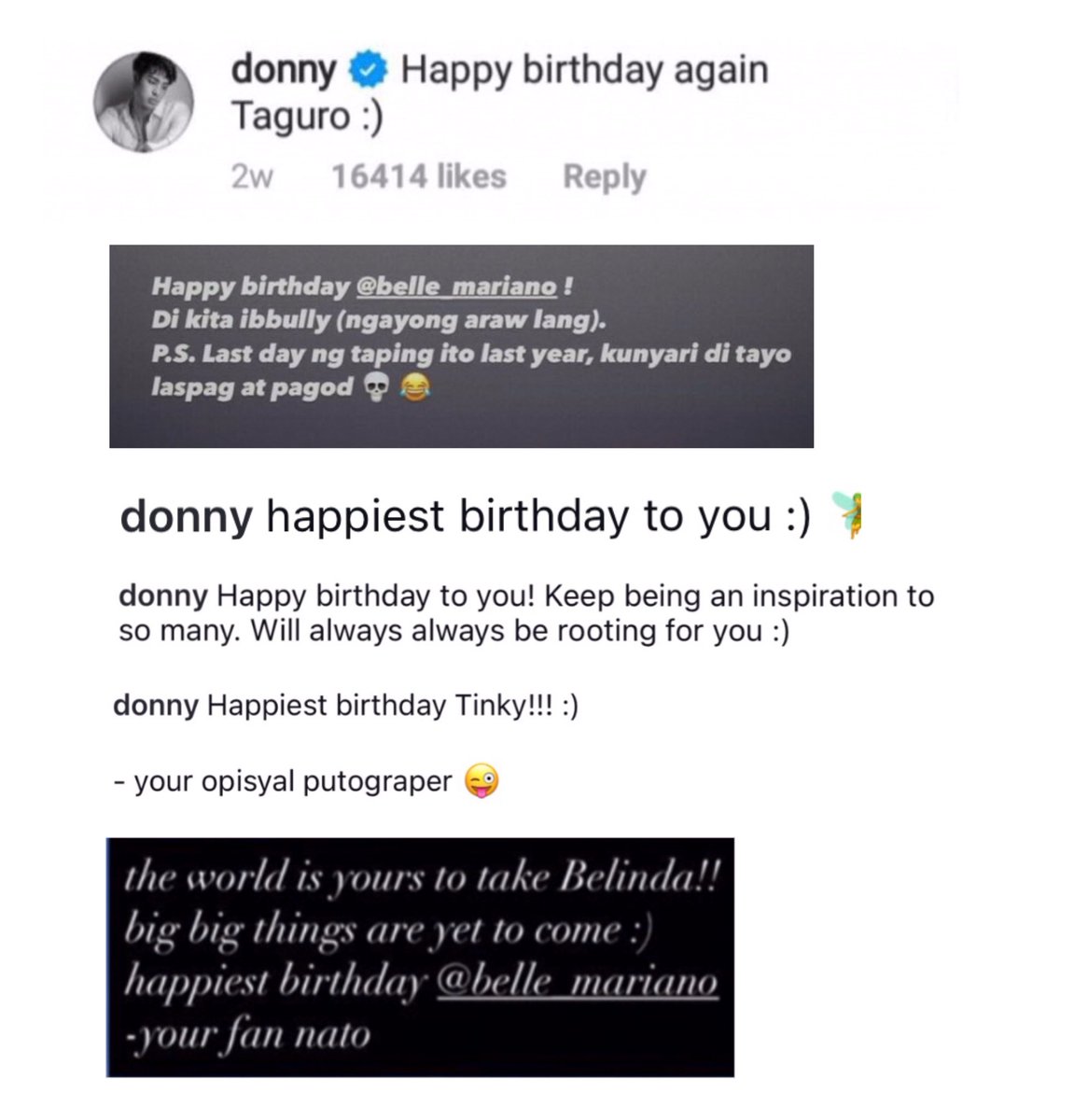 donny’s birthday greetings for belle through the years 🎞😩

the consistent “ :) ” #donbelle