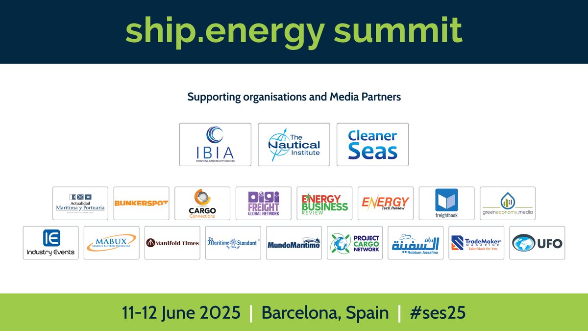 ship.energy (@shipdotenergy) on Twitter photo Thank you to our Supporting Organisations and Media Partners for helping us to promote the ship.energy summit starting tomorrow in Barcelona.
<a href="/ActualidadMP/">Actualidad Maritima</a>
<a href="/Bunkerspot/">Bunkerspot</a>
Cleaner Seas
<a href="/EnergyBusiness4/">Energy Business Review</a>
<a href="/energytechreviw/">Energy Tech Review</a>
<a href="/UFOFreight/">Universal Freight Organisation</a>
#SES25 #Barcelona #Shipping Thank you to our Supporting Organisations and Media Partners for helping us to promote the ship.energy summit starting tomorrow in Barcelona.
<a href="/ActualidadMP/">Actualidad Maritima</a>
<a href="/Bunkerspot/">Bunkerspot</a>
Cleaner Seas
<a href="/EnergyBusiness4/">Energy Business Review</a>
<a href="/energytechreviw/">Energy Tech Review</a>
<a href="/UFOFreight/">Universal Freight Organisation</a>
#SES25 #Barcelona #Shipping