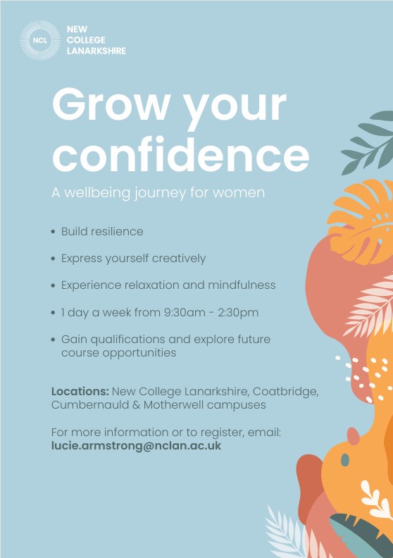 Interested in a Wellbeing Journey for woman

*Build Resilience
*Express yourself Creatively
*Experience Relation &amp; Mindfulness

This will be 1 day a week from 9.30am to 2.30pm

If interested contact or to register
lucie.armstrong@nclab.ac.uk

nclanarkshire.ac.uk