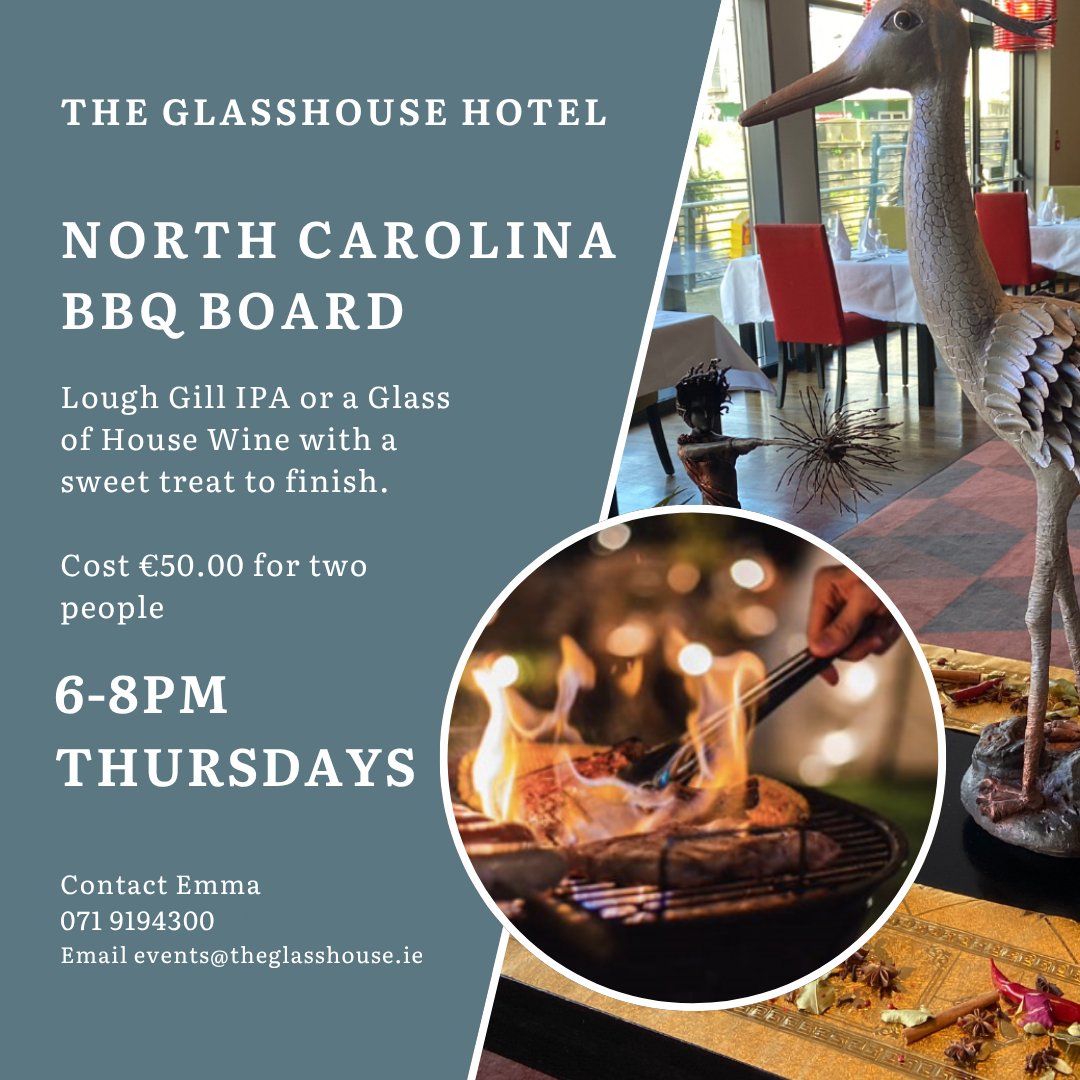 Sligo Hub (@sligohub1) on Twitter photo Thursday Nights at The Glasshouse
NEW PROMOTION
For the month of June, July & August Every Thursday night.
" North Carolina BBQ Board "
To Book - Contact Emma in Events at 071 9194300 or Email events@theglasshouse.ie Thursday Nights at The Glasshouse
NEW PROMOTION
For the month of June, July & August Every Thursday night.
" North Carolina BBQ Board "
To Book - Contact Emma in Events at 071 9194300 or Email events@theglasshouse.ie