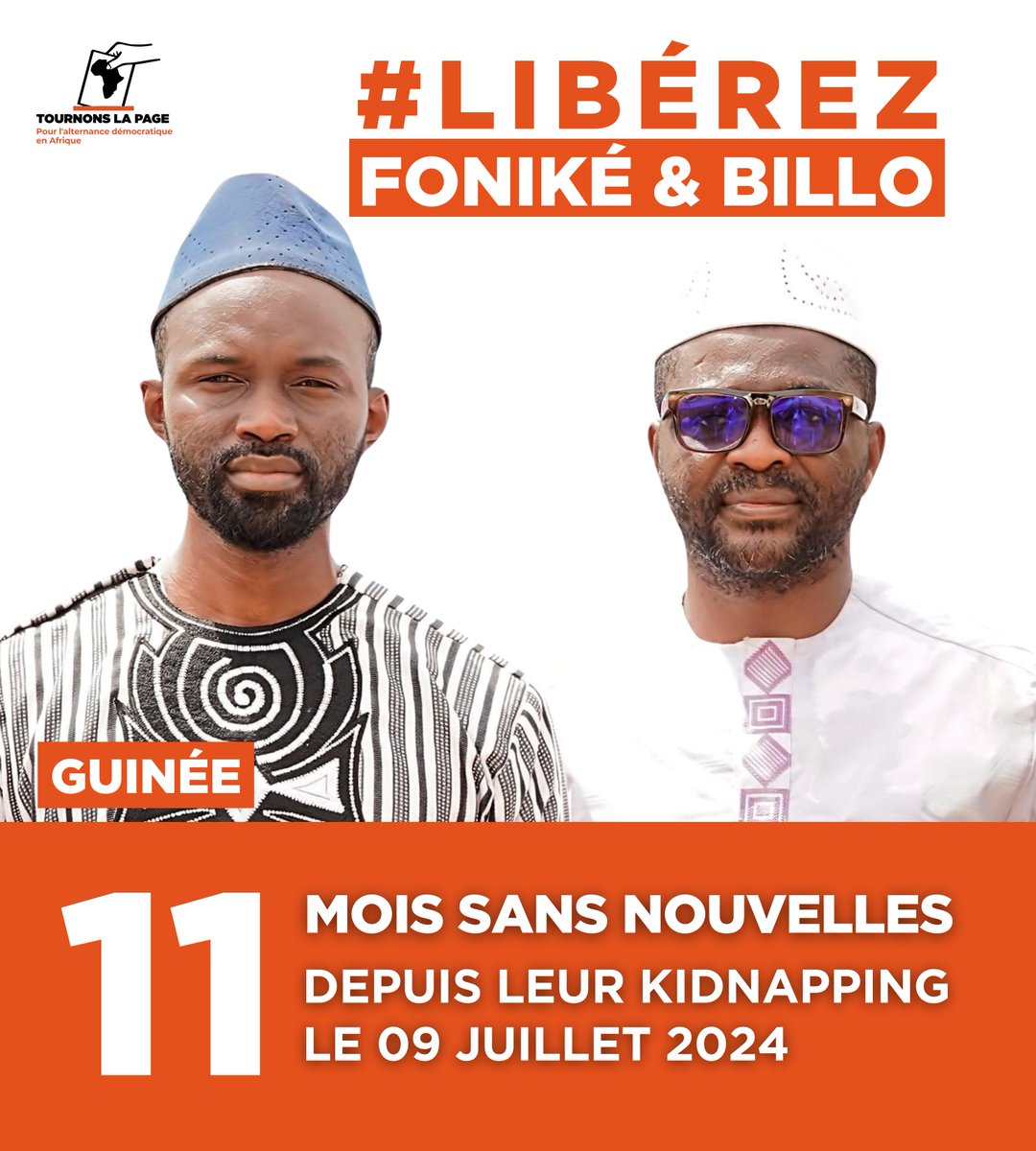 🔴#Guinée: Cela fait 11 mois que <a href="/FONIKEMENGUE/">Foniké Menguè</a>, Coord. du @FNDC_G, &amp; Billo Bah, Coord. de <a href="/TlpGuinee/">Tournons La Page/Guinée</a>, ont été enlevés à #Conakry. 
📌Nous exigeons des autorités guinéennes, en particulier <a href="/presi_doumbouya/">Président Mamadi Doumbouya</a>, leur libération immédiate et sans condition.