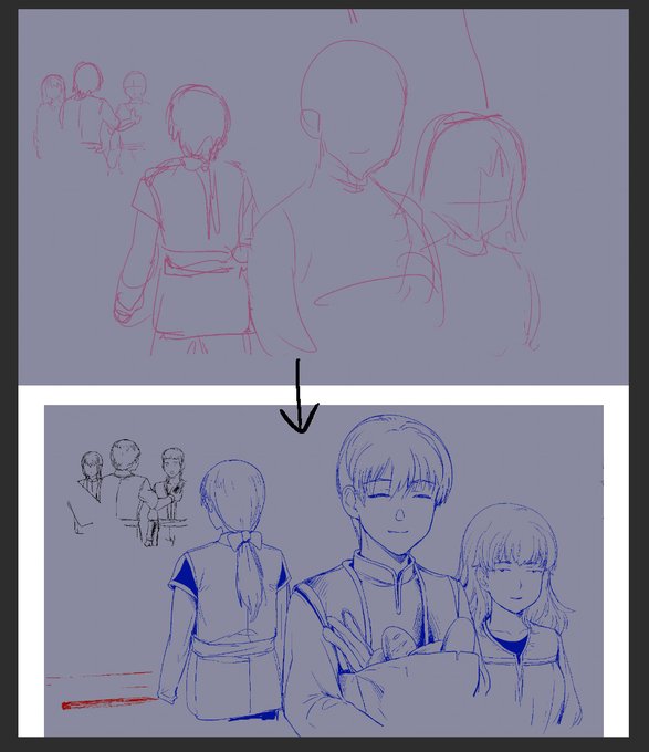 モブちゃんたちのラフ→線画
だいたいこんな程度のラフからえいやと描いてます 