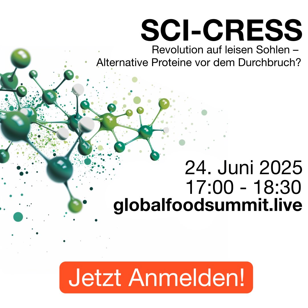 👉Die Zukunft der Ernährung klopft an. Immer lauter auch in Deutschland. 
Beginnt die Skalierung Alternativer Proteine nun auch bei uns?
👉Anmelden und mitdiskutieren 
Mit: A. Mathys, ETH Zürich, mit Ch. Poppe, Formo und Cathy Hutz, Infinite Roots u. a. 
👉globalfoodsummit.live
