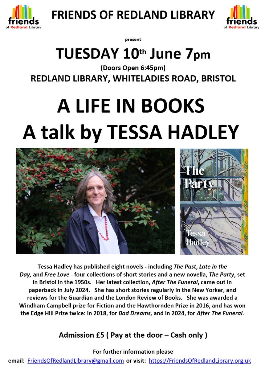 RedlandLibEvent's tweet image. 📣 TODAY

📚 Tuesday 10th June      
      7pm ( Doors open 6:45pm )
📚  A Life in Books
📚  A talk by Tessa Hadley
📚  #RedlandLibrary #Bristol
📚  £5 (Pay at the door - Cash only)

#TessaHadley