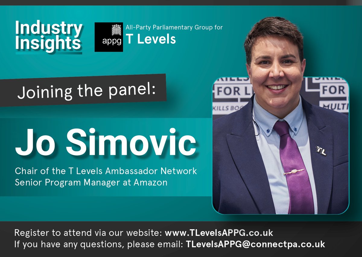 📢NEW SPEAKER ALERT📢

We are delighted to announce that <a href="/SimovicJo/">Jo Simovic</a>, Amazon’s Senior Program Manager and the Chair of the T Levels Ambassador Network, will be speaking at the upcoming session of the APPG for T Levels. 

Register interest in attending here: forms.office.com/e/9aeqL2vZvm