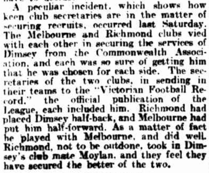 The first player to pull on the #36 for Melbourne very nearly didn't. That round he was also in the team sheets for Richmond.... in the same game.

Mel had him at half-back, Rich had him at half-forward.

And you think it's hard these days to work out who they will line up for?