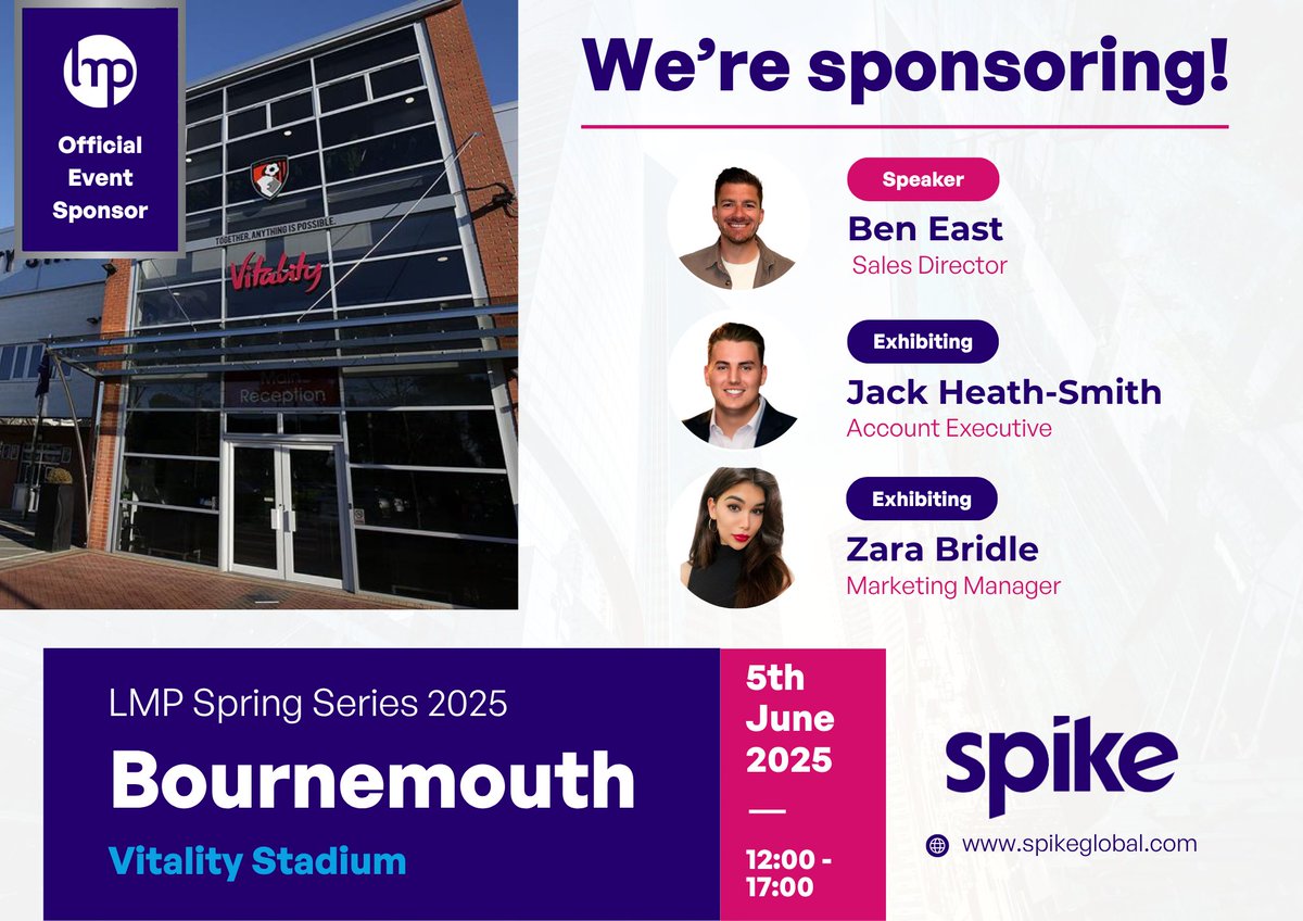 The LMP Bournemouth event is this Thursday! 🚨

🎤 Our Sales Director, Ben will be joining the speaker panel, and our Account Executive Jack and Marketing Manager Zara, will be at the Spike stand throughout the day.

🎟️ Last chance to grab a ticket:
hubs.li/Q03rq20V0