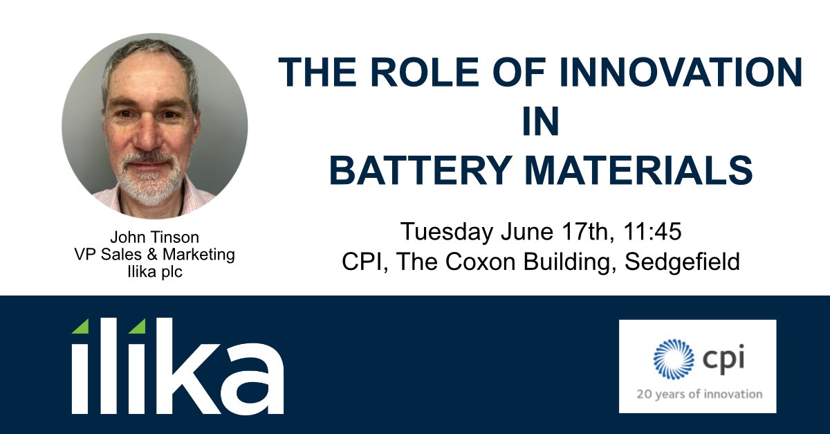 Attending <a href="/ukCPI/">CPI</a>'s Supercharging the UK’s Battery Capabilities event next week? Ilika’s John Tinson will be presenting in Session 2 -  The Role of Innovation in Battery Materials, 17 June at 11:45.  For more ilika.com/latest-news/su… #automotive #solidstatebatteries #batteries #EVs
