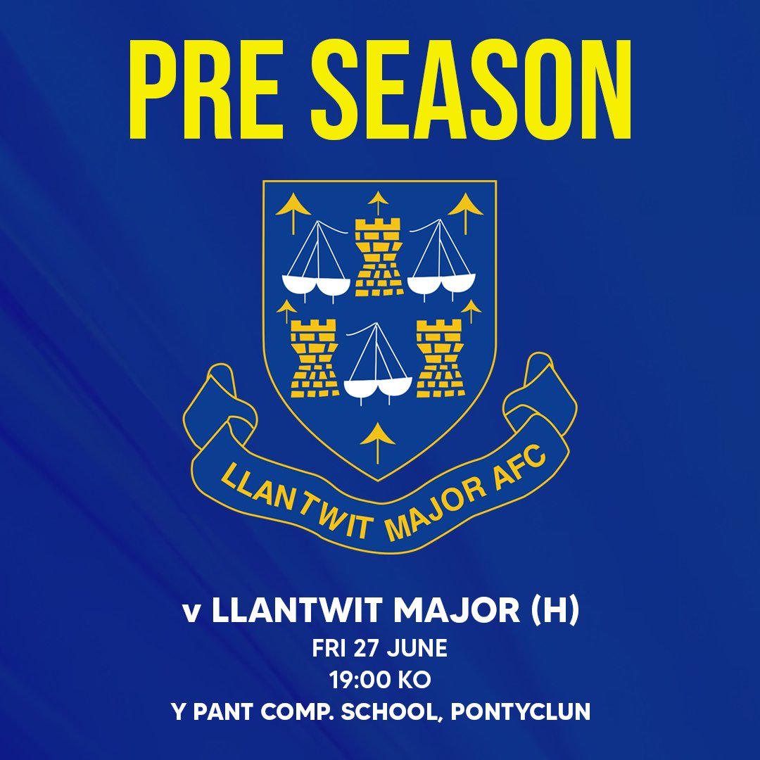 Pontyclun FC (@pontyclunfc) on Twitter photo ๐ ๐๐ง๐๐ ๐๐ก๐๐ข ๐๐๐๐ก๐๐ โฌ๏ธ
Game 2 of our pre season against <a href="/LlantwitMajorFC/">CPD Llanilltud Fawr/Llantwit Major AFC</a> has now changed.
We will host Major on ๐๐ฟ๐ถ๐ฑ๐ฎ๐ ๐ฎ๐ณ ๐๐๐ป๐ฒ at ๐ฌ ๐ฃ๐ฎ๐ป๐ ๐๐ผ๐บ๐ฝ. ๐ฆ๐ฐ๐ต๐ผ๐ผ๐น, ๐ฃ๐ผ๐ป๐๐๐ฐ๐น๐๐ป. Kick-off at ๐ญ๐ต:๐ฌ๐ฌ.
#UpTheClun ๐ ๐๐ง๐๐ ๐๐ก๐๐ข ๐๐๐๐ก๐๐ โฌ๏ธ
Game 2 of our pre season against <a href="/LlantwitMajorFC/">CPD Llanilltud Fawr/Llantwit Major AFC</a> has now changed.
We will host Major on ๐๐ฟ๐ถ๐ฑ๐ฎ๐ ๐ฎ๐ณ ๐๐๐ป๐ฒ at ๐ฌ ๐ฃ๐ฎ๐ป๐ ๐๐ผ๐บ๐ฝ. ๐ฆ๐ฐ๐ต๐ผ๐ผ๐น, ๐ฃ๐ผ๐ป๐๐๐ฐ๐น๐๐ป. Kick-off at ๐ญ๐ต:๐ฌ๐ฌ.
#UpTheClun
