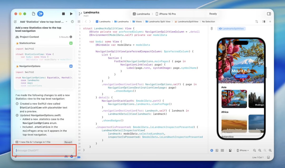 Lee_Kah_Seng's tweet image. First thing I want to try out with the latest Xcode - ChatGPT integration. 👀