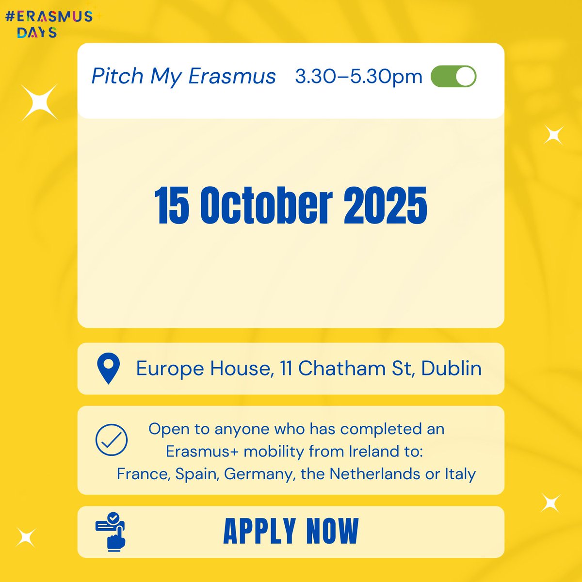 Been abroad with Erasmus+ to France,  Spain, Germany, Italy or the  Netherlands?

Apply now to be a presenter at the  Pitch My Erasmus 2025 competition  this October in Dublin 🎤 ✨

erasmusdays.eu/event/pitch-my…
 
 #ErasmusPlus #ErasmusDays