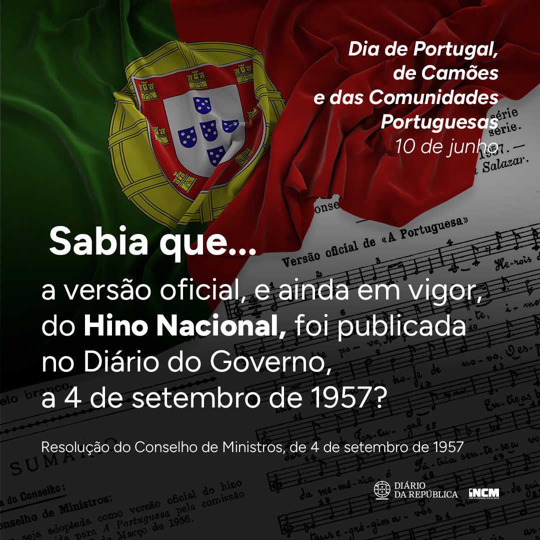 diariorepublica's tweet photo. Hoje celebramos o Dia de Portugal, de Camões e das Comunidades Portuguesas
Uma data que celebra a nação, a cultura e os portugueses pelo mundo 🌍
Aceda ao ato que publica o Hino Nacional, aqui: https://t.co/FCb4zCgL6Y
#diariodarepublica #diadeportugal #camoes #comunidades https://t.co/s5Xy55sDqi