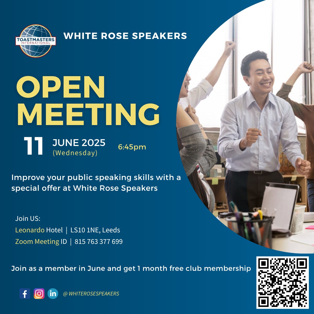WhiteRoseSpkr's tweet photo. Improve your public speaking skills with a special offer at White Rose Speakers! Join as a member in June and get 1 month free club membership #publicspeaking #whiterosespeakers #confidence #speak https://t.co/X1mIwWHtiD