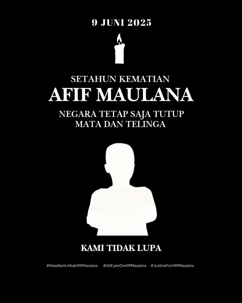 Setahun sudah kepergian Alm Afif Maulana, namun keadilan tak kunjung didapati, karena negara selalu tutup mata dan telinga.

Kami tidak pernah lupa, kami akan terus bersuara untuk Afif Maulana dan untuk mereka lainya yang tidak mendapatkan keadilan.
#alleyesonafif
#justiceforafif