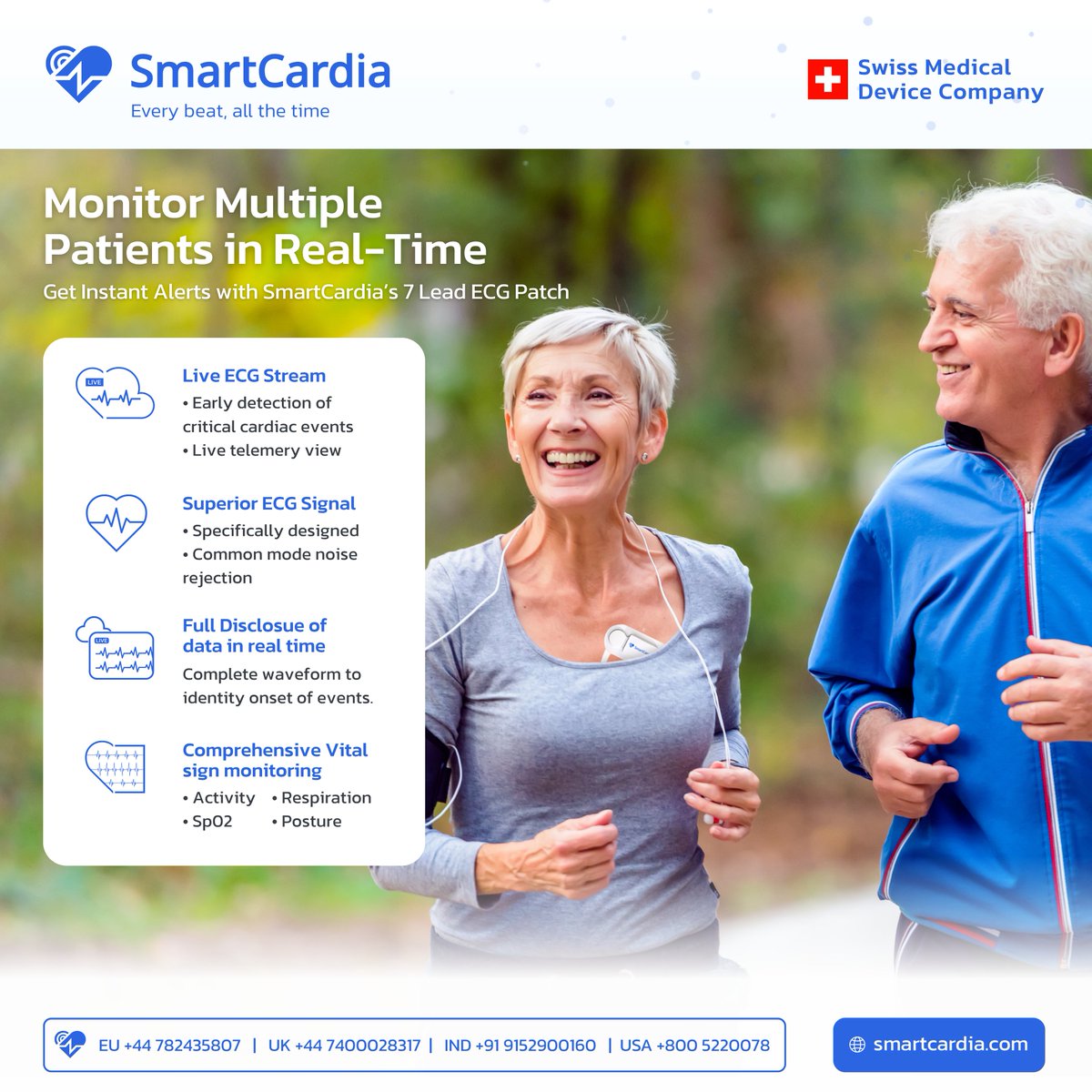 SmartCardia's advanced 7 Lead ECG Patch enables healthcare providers to monitor multiple patients simultaneously with instant alerts and comprehensive vital sign tracking. 
Discover more - lnkd.in/gqcj47ds
#HealthTech #CardiacMonitoring #Innovation #MedicalDevices