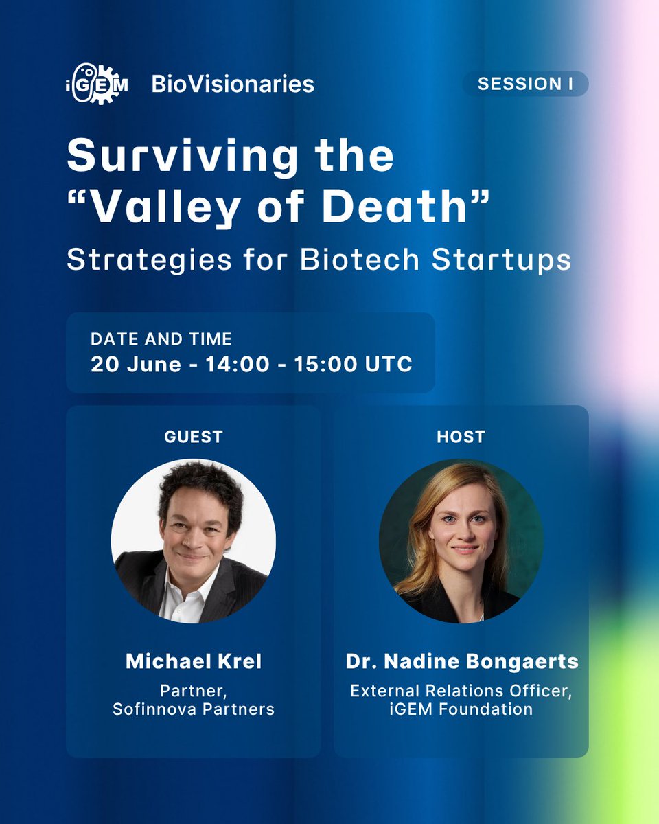iGEMCommunity's tweet image. What does it take to survive the “Valley of Death” in biotech?
Join Michael Krel, Partner at Sofinnova Partners, for the 1st BioVisionaries webinar.
With experience as an investor and a CEO, he will share what startups need to survive key growth stages.
igem-org.zoom.us/webinar/regist…