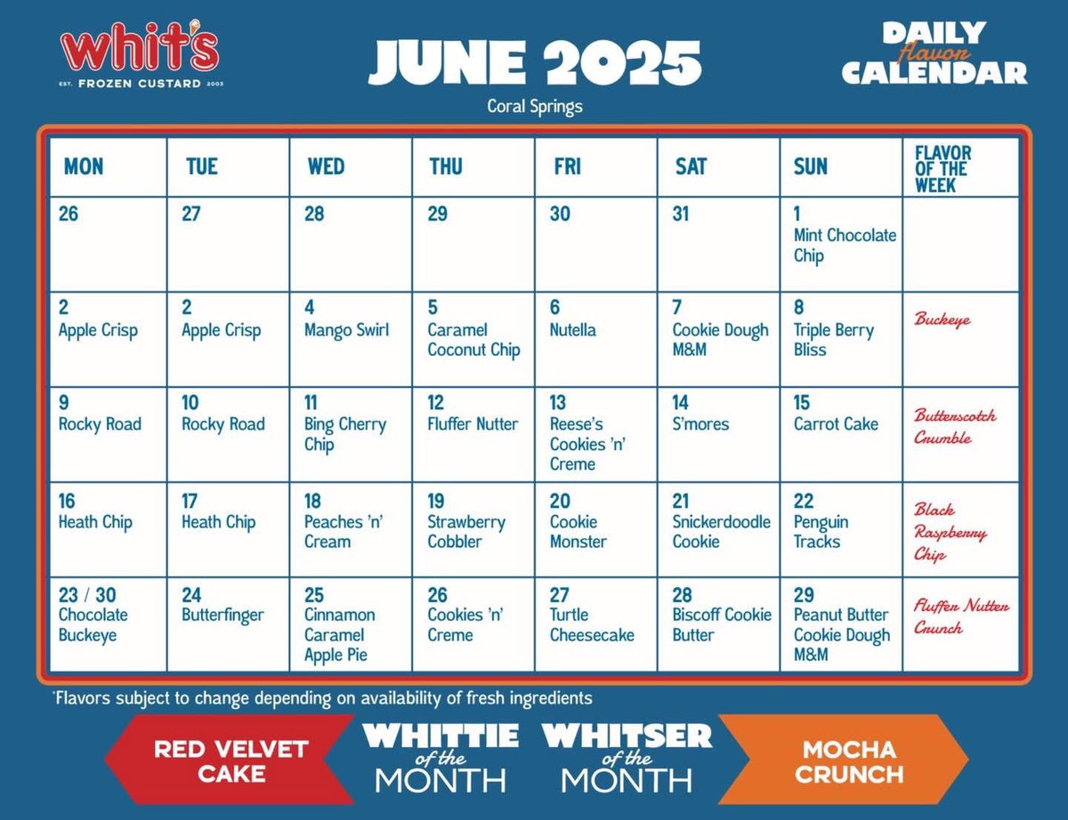 ICYMI! Here’s the June flavor calendar for Whit’s Coral Springs!  Is your favorite included? 😋

#WhitsFrozenCustard #frozencustard #whits #parkland #broward #coralsprings #thewalkcs #june