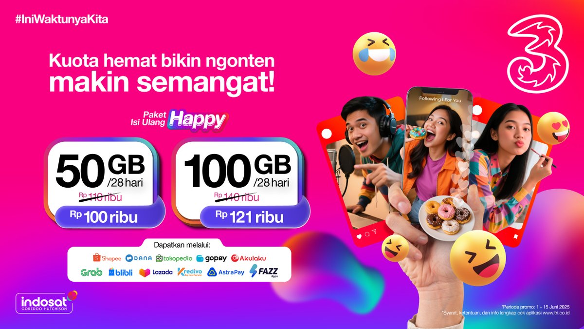 Menunggu info promo kuota #Happy yaa?

#IniWaktunyaKita buka aplikasi e-commerce favorit dan checkout isi ulang #Happy yang kamu mau!

Beneran hematnya, jangan sampai ketinggalan promonya~

Klik tri.co.id/happyecommerce sekarang!

#TriLebihHematSinyalCepat