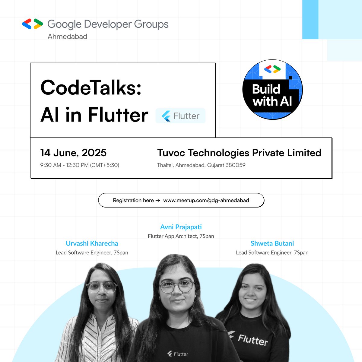 Google Developers Group Ahmedabad (@gdgahmedabad) on Twitter photo 🚀CodeTalks: AI in Flutter by GDG Ahmedabad
📅June 14, 2025 | 🕘 9:30 AM- 12:30 PM 📍<a href="/Tuvocpvtltd/">Tuvoc Technologies Private Limited</a>
🎤Learn from experts how AI tools like DartPad AI, Firebase Studio, Cursor & Vertex AI are transforming Flutter dev!
🔗 RSVP: gdg.community.dev/e/mpptwa/
#BuildWithAI #GDGAhmedabad 🚀CodeTalks: AI in Flutter by GDG Ahmedabad
📅June 14, 2025 | 🕘 9:30 AM- 12:30 PM 📍<a href="/Tuvocpvtltd/">Tuvoc Technologies Private Limited</a>
🎤Learn from experts how AI tools like DartPad AI, Firebase Studio, Cursor & Vertex AI are transforming Flutter dev!
🔗 RSVP: gdg.community.dev/e/mpptwa/
#BuildWithAI #GDGAhmedabad
