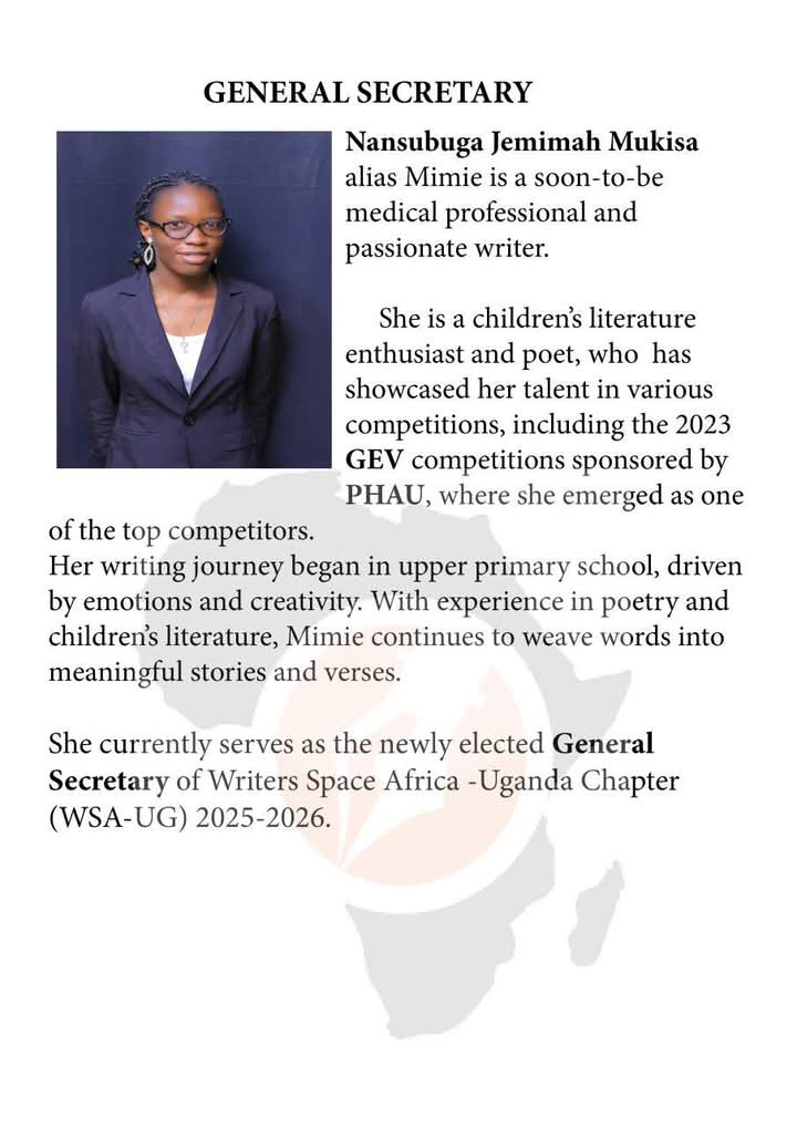 pearlpenug's tweet photo. Meet Nansubuga Jemimah Mukisa, our new General Secretary! 🙌 Dedicated and ready to lead WSA-UG to greater heights! Let's  welcome her to the role! 💕 
#WSAUG #NewLeadership #GeneralSecretary #WordsToAction
#Womeninliterature https://t.co/wGsnbmlQWv