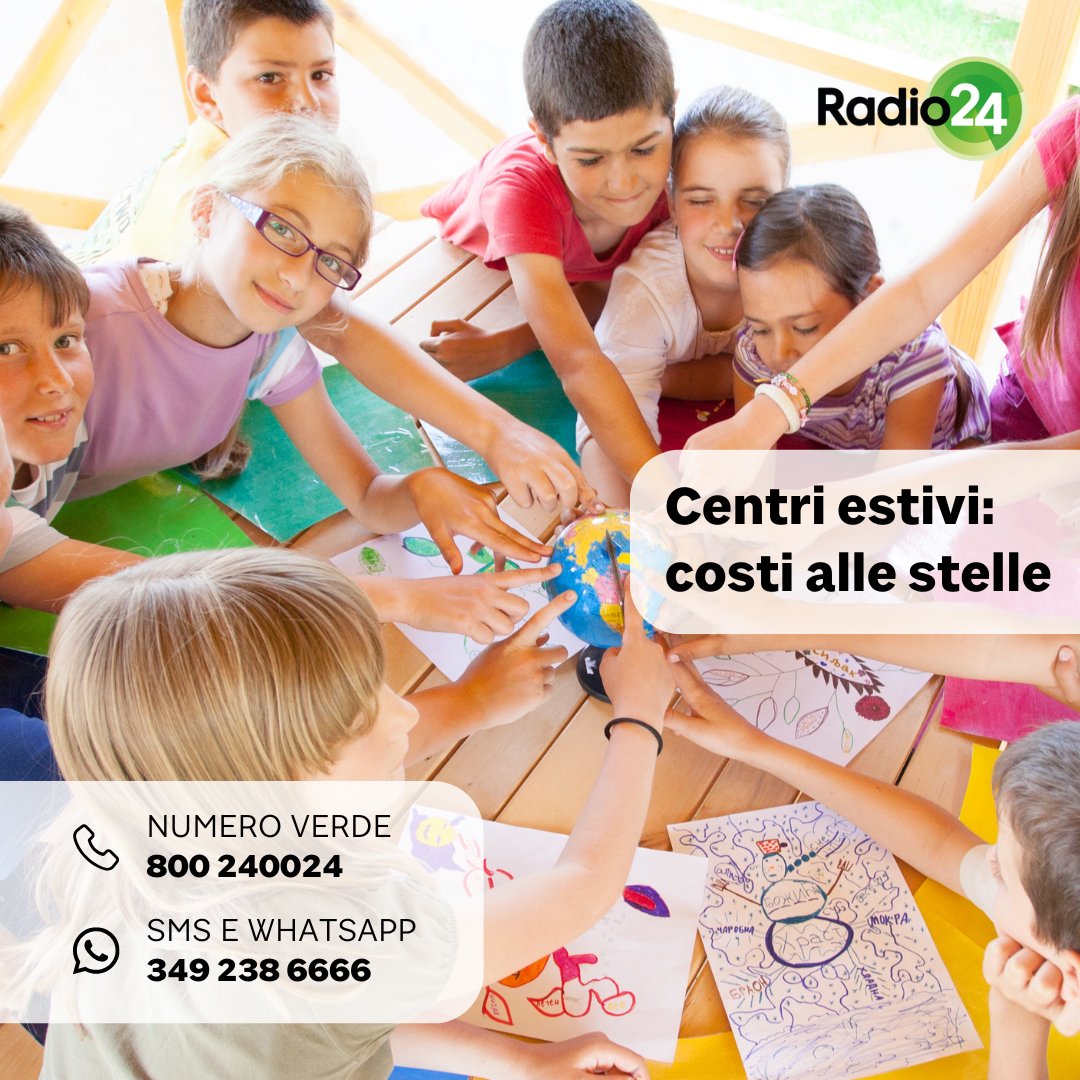 #10giugno

🌞 I prezzi dei #centriestivi aumentano. Le famiglie riescono a sostenerli?

👛 Ne parliamo oggi con <a href="/michelafinizio/">Michela Finizio</a> (<a href="/sole24ore/">IlSole24ORE</a>), Anna Rea, presidente <a href="/adocnazionale/">Adoc APS</a> e Antonello Giannelli, presidente <a href="/anpcommunity/">ANP nazionale</a>.

Ascolta la diretta ▶️ radio24.it
